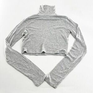 Garage Womens Heather Gray Ribbed Knit Cropped Turtleneck Long Sleeve Top P/S